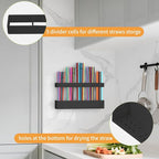 Straw Holder for Cabinet Door, Reusable Tumbler Straw Organizer Storage Container Mount for Kitchen Counter Cupboard Door (Black, 9.5inch)