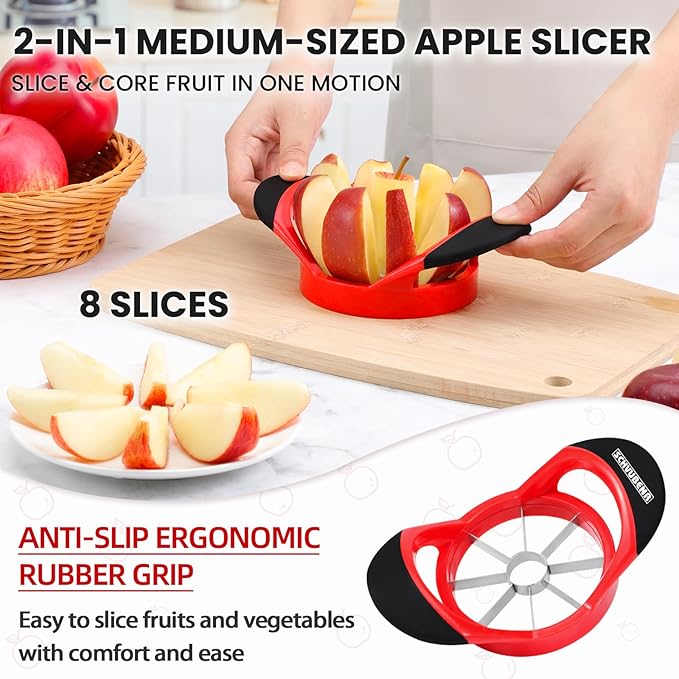 SCHVUBENR 3.5 Inch Apple Slicer - Professional Apple Cutter - Stainless Steel Apple Corer - Super Sharp Apple Slicer and Corer - Apple Tool with 8 Sharp Blades(Red)