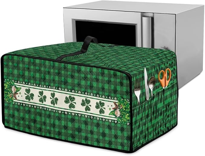 Shamrock Gnome Dog Print Toaster Oven Cover for St. Patrick's Day Decor, Checkered Pattern Microwave Cover for Kitchen Countertop Appliance Dust Protector Oven Accessories, Green, S