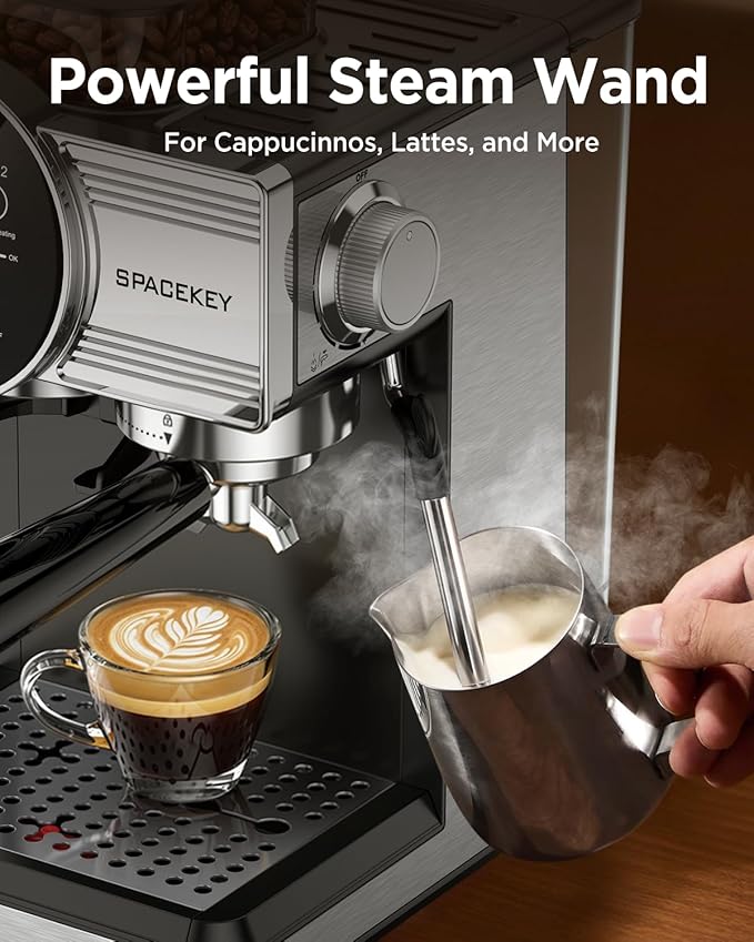 Spacekey Espresso Machine with Grinder - 20 Bar All-in-One Coffee Maker with Milk Steam Wand/Frother, Cold Brew, 30 Grind Settings, 60oz Removable Tank - Home Barista Kit for Lattes, Cappuccinos
