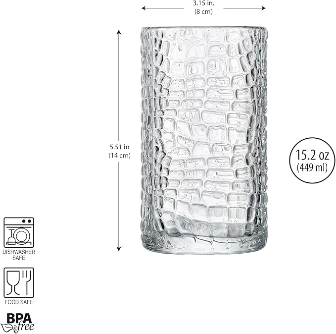 Glaver's Highball Drinking Glasses, Set of 4 Clear 15 Ounce Patent Crackle Design Textured Drinking Glasses Heavy Duty premium Glassware for Everyday Home, Bar use