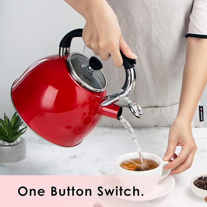 Rorence Whistling Tea Kettle: 2.5 Quart Stainless Steel Kettle for Stove Top with Capsule Bottom & Heat-resistant Glass Lid (Red)