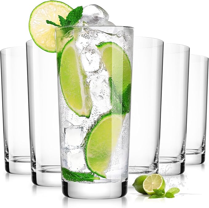 Drinking Water Glasses Set of 6, 15.5oz Highball Glasses, Lead-Free Crystal Glassware with Unique Wide Mouth, Thoughtful Gifts for House Warming, Birthdays, Everyday Life