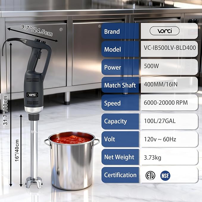 VONCI 500W Commercial Immersion Blender, 16" SUS 304 Removable Shaft, Heavy Duty Power Hand Mixer with Variable Speed 6000-20000RPM, Professional Electric Stick Blender for Restaurant Kitchen Use.