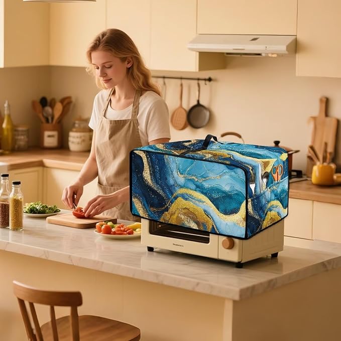 Marble Print Toaster Oven Dust Cover for Kitchen Counter, Heavy Duty Heat-resistant Microwave Oven Protective Cover Air Fryer Covers, Blue & Gold (Medium-16.1 * 19.71 * 10 inches)