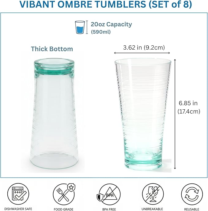 8-Piece Ombre Tumbler Set, 20oz Plastic Drinking Glasses, Assorted Colors, Shatterproof BPA-Free Drinkware, Large Stackable Cups for Patio, Pool, Gift, Everyday Use, Top-Rack Dishwasher Safe