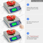 Large Digital Kitchen Scale 30KG Commercial Food Scale 66LB for Baking Bread Meat Stainless Steel Price Computing Scale LCD Display,Prep Counting Scale for Parts and Coins Adapter Included