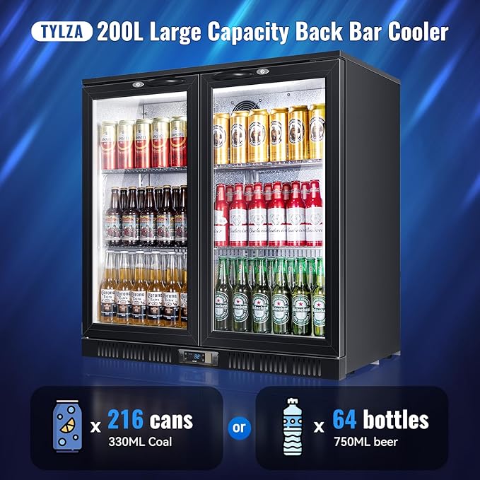 Tylza Back Bar Cooler With 2 Glass Doors, 200L Under Counter Back Bar Refrigerator with LED Lighting, Safety Locks, Counter Height Bar Beverage Cooler for Beer, Soda Drinks, Wine, Black