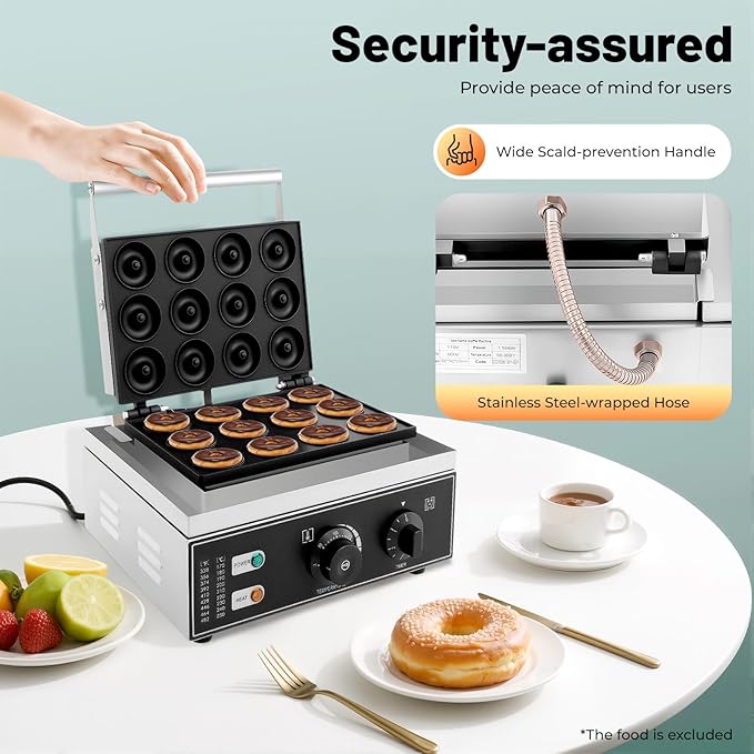 Commercial Waffle Donut Machine, 110V 1550W Electric Donut Maker w/Non-stick Surface, Temperature 122-572℉, 12 Holes Double-Sided Heating Doughnut Waffle Maker for Home Bakery Mall (12 Donut Holes)