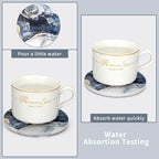 Coasters Set of 6, Navy Blue Marble Abstract Round Ceramic Coasters with Holder, Best Absorbent Drink Coaster Set, Coffee Table Decor for Home Decor House Warming Gifts New Home
