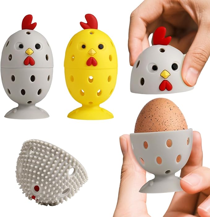 wonlex 4PCS Egg Brush Cleaner Multipurpose Fruit and Vegetable Rotating Scrubber Tool for Fresh Eggs, Reusable Chicken Duck Egg Washer Scrubber (Grey+Yellow)
