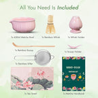 Matcha Whisk Set - 7pcs Japanese Tea Ceremony Kit with Spouted Bowl & Bamboo Whisk, Matcha Starter Kit for Beginners - Authentic Green Tea Accessories, Gift Set for Lovers-Pink