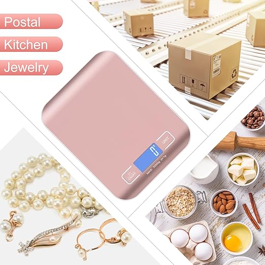 Digital Shipping Scale,Stainless Steel Panel, Accurate Portable Postal Scale for Packages, Small Business,Kitchen, Food, Handmade, Liquids, and Boutique (Rose Gold Battery(5kg/1g))
