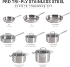 T-fal Pro Tri-Ply Stainless Steel Cookware Set 13 Piece Induction Compatible, Oven Safe 500F, Lids 350F, Fast & Even Heat, Pots and Pans Set, Professional Quality, Kitchen Essentials, Silver