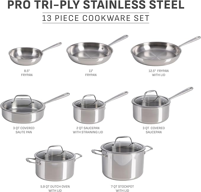 T-fal Pro Tri-Ply Stainless Steel Cookware Set 13 Piece Induction Compatible, Oven Safe 500F, Lids 350F, Fast & Even Heat, Pots and Pans Set, Professional Quality, Kitchen Essentials, Silver