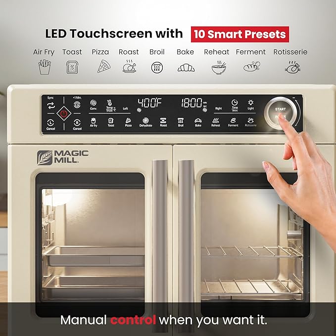 Magic Mill 32QT Dual Zone Air Fryer Oven – Ivory Cream, 13 Accessories, 10-in-1 Functions, Sync Finish, Rotisserie, LED Display, Family-Size French Door Convection Oven