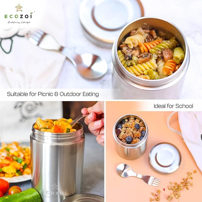 ecozoi Stainless Steel Insulated Lunch Box, Vacuum Insulated Food Jar, 17 Oz + Spork + Lunch Bag