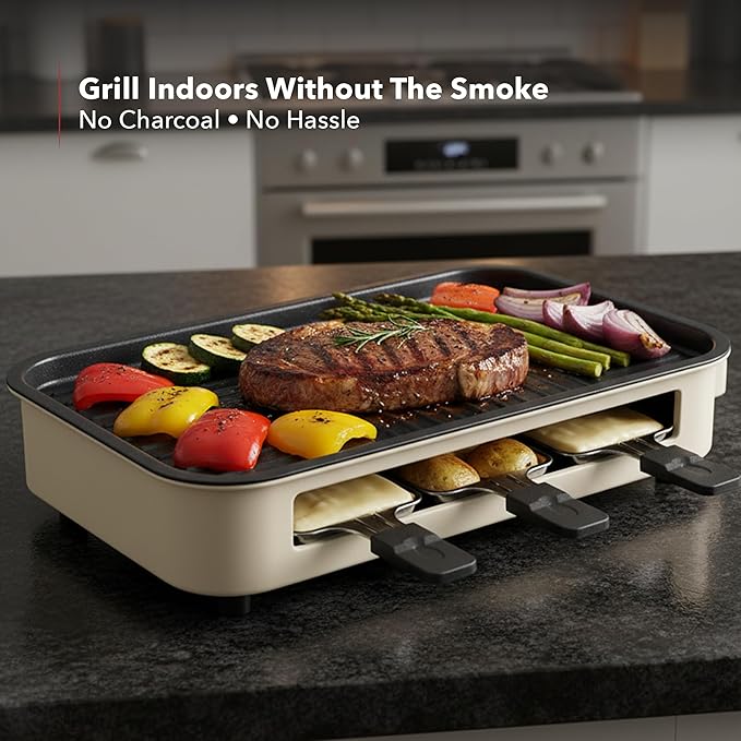 OVENTE 2-in-1 Electric Indoor Grill, 1500W Smokeless Korean BBQ Griddle with Non-Stick Removable Cooking Plate, 3 Raclette Cheese Pans, Adjustable Temperature Control, Dishwasher Safe, Beige BQR1502B