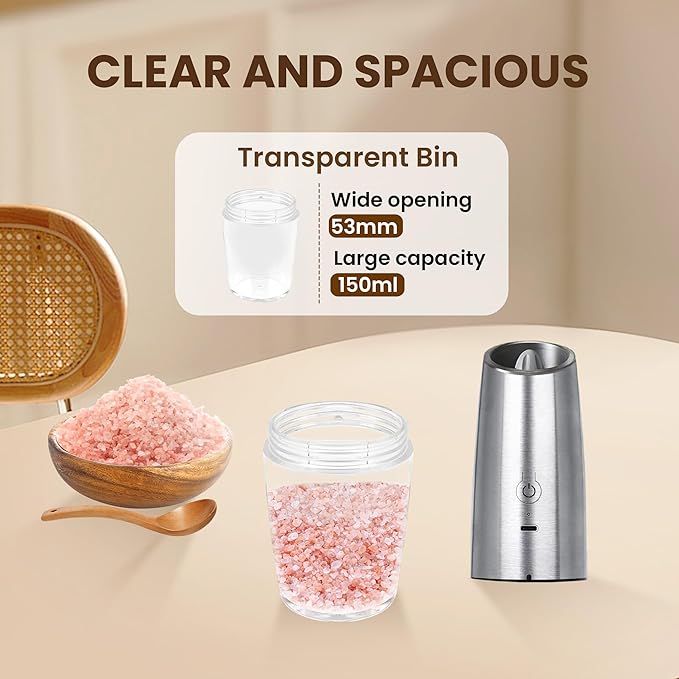 Rechargeable Electric Salt And Pepper Grinder Set, Automatic Gravity Electric Salt And Pepper Grinder Set, Adjustable Roughness, Led Light, 1 Pack, (Silver)