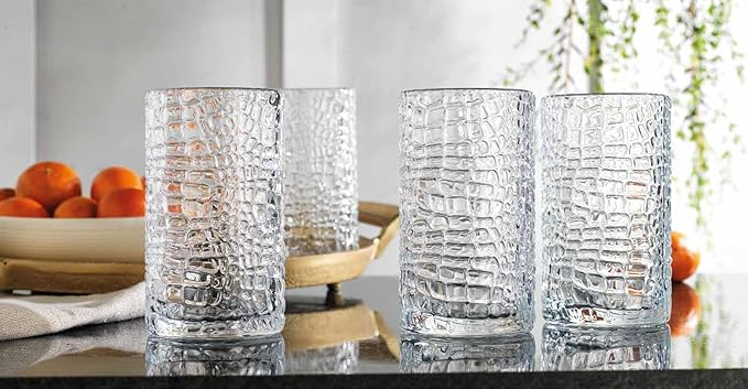 Glaver's Highball Drinking Glasses, Set of 4 Clear 15 Ounce Patent Crackle Design Textured Drinking Glasses Heavy Duty premium Glassware for Everyday Home, Bar use