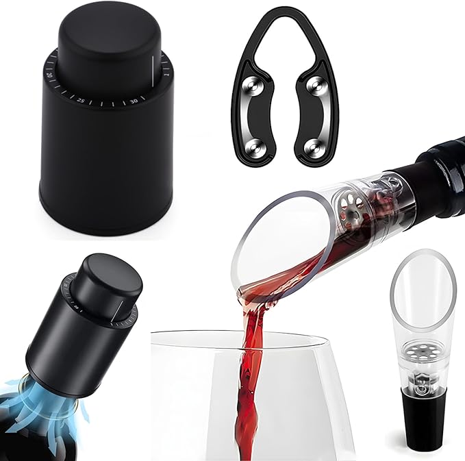 1 Vacuum Wine Stopper 1 Wine Aerator Pourer Aerating Spout with 1 Wine Foil Cutter Tool, Wine Bottle Stoppers set Reusable Wine Preserver Keep Fresh, Perfect Wine Accessory Gift for Wine Lovers