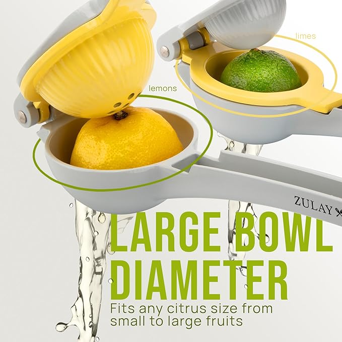 Zulay Kitchen Metal 2-in-1 Lemon Squeezer - Sturdy Max Extraction Hand Juicer Lemon Squeezer Gets Every Last Drop - Easy to Clean Manual Citrus Juicer - Easy-Use Lemon Juicer Squeezer - Gray/Yellow