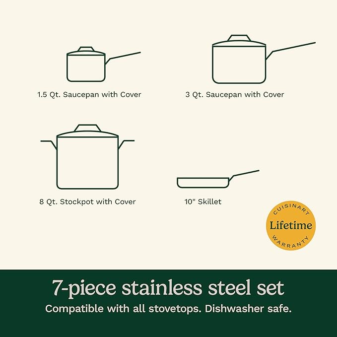 Cuisinart 7-Piece Stainless Steel Pots and Pans Set, Cookware Set Compatible with Induction, Electric, Gas Cooktops, Aluminum Core for Quick Even Heat, Cool Grip Handles, Dishwasher Safe, Oven Safe
