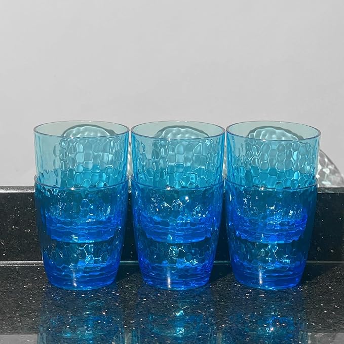 Set of 6 Hammered Style 15-ounce/430ml Acrylic Glasses Plastic Tumbler,BPA Free,Dishwasher Safe (Blue)