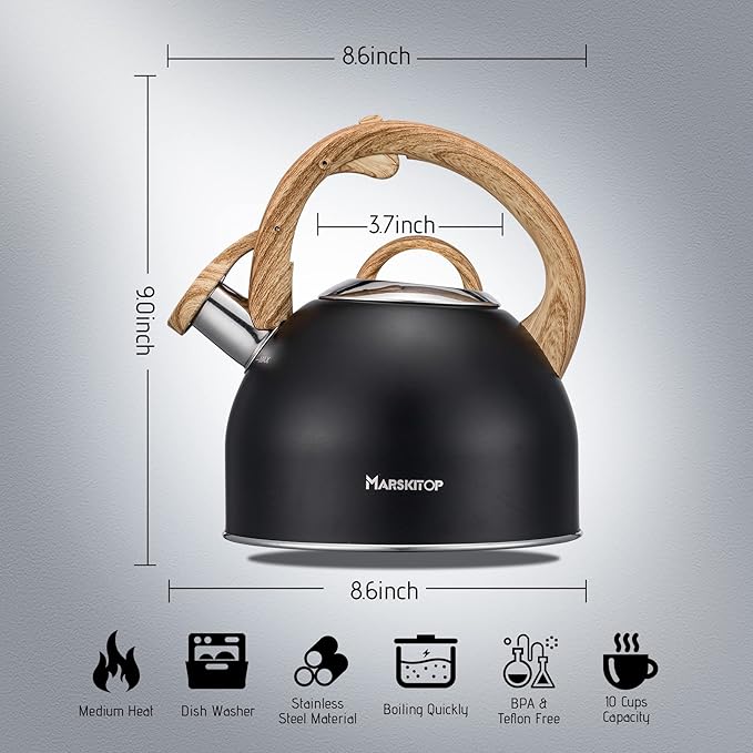 MARSKITOP Whistling Tea Kettle for Stove Top 2.6 Quart, Food Grade Stainless Steel Tea Pot for Stove Top with Anti-Hot Handle, Black
