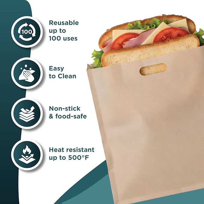 Reusable Toaster Bags for Sandwiches – Non-Stick Toaster Oven Bags for Grilled Cheese, Paninis, Wraps & Breakfast – Keeps Toasters Clean, Crumb-Free, Mess-Free Cooking - 8 Pack