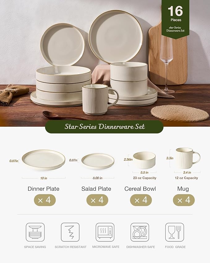 Famiware Star 16-Piece Stoneware Dinnerware Set with Trim, Service for 4 -Ceramic Mugs, Plates and Bowls, Modern Rustic Dishes with High Edge, Chip/Scratch Resistant, Microwave/Dishwasher Safe, White
