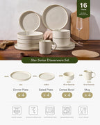 Famiware Star 16-Piece Stoneware Dinnerware Set with Trim, Service for 4 -Ceramic Mugs, Plates and Bowls, Modern Rustic Dishes with High Edge, Chip/Scratch Resistant, Microwave/Dishwasher Safe, White