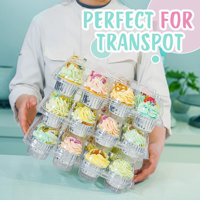 (12 Pack x 25 Sets) Stackable Cupcake Carrier with 300 Pack Cupcake Liners, Plastic Cupcake Boxes Holders for 12 Cupcakes, Cupcake Containers, Clear Disposable Cupcake Trays