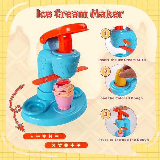 3-in-1 Color Dough Kitchen Creations Set for Kids Aged 3-8, 24 Colors Dough Playset with Ice Cream/Noodle/Hamburger Makers, Food Modeling Art Crafts Pretend Play Toys for Boys Girls