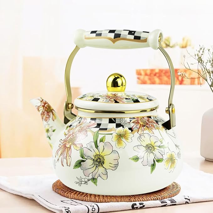Floral Enamel Tea Kettle Bohemian Vintage Teapot Hot Water Coffee Kettle Pot 2.5L Porcelain Beige Colorful Rustic Tea Pot for Stovetop Hot Water Kitchen Decor