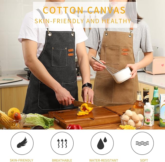 Tosewever Canvas Cross Back Chef Cotton Aprons for Men Women with Large Pockets