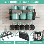 31 Inch Pot Rack Wall Mounted, 2-Tier Pots and Pans Organizer with 20 Hooks & Pan Organizer and Spice Rack, Heavy Duty Hanging Pot Hanger for Kitchen Cookware, Utensils, Black