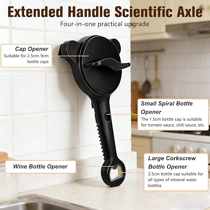 Multi-Functional Retractable Jar & Bottle Opener, Magnetic Stainless Steel Can Opener with Ergonomic Handle, Friendly Kitchen Gadget (black)