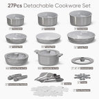CAROTE 27pcs Ceramic Cookware Set Nonstick, Pots and Pans Set Non Stick, Non Toxic Cookware Detachable Handles, Dishwasher/Oven Safe, RV/Camping Cookware, Pan and Pot with Kitchen Utensils, Dark Gray
