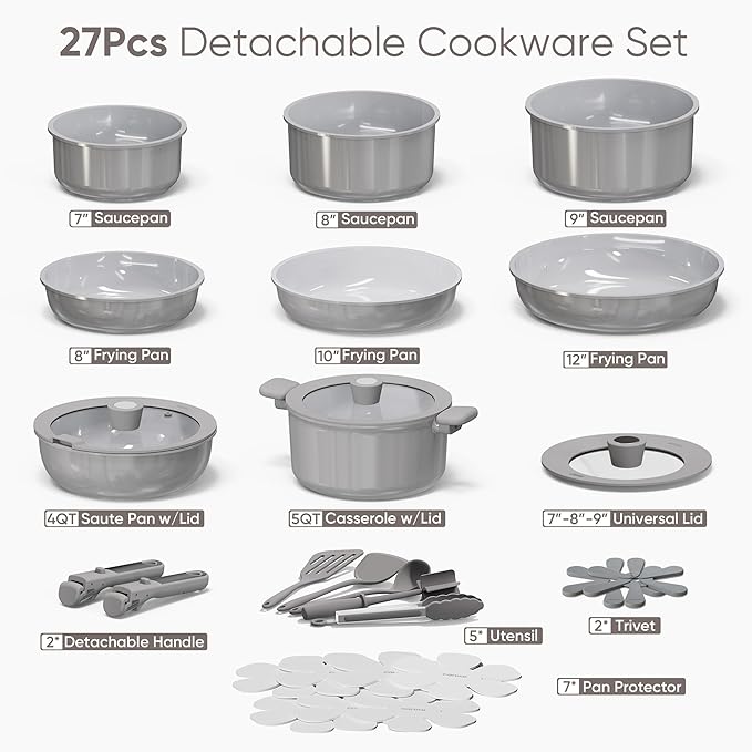 CAROTE 27pcs Ceramic Cookware Set Nonstick, Pots and Pans Set Non Stick, Non Toxic Cookware Detachable Handles, Dishwasher/Oven Safe, RV/Camping Cookware, Pan and Pot with Kitchen Utensils, Dark Gray
