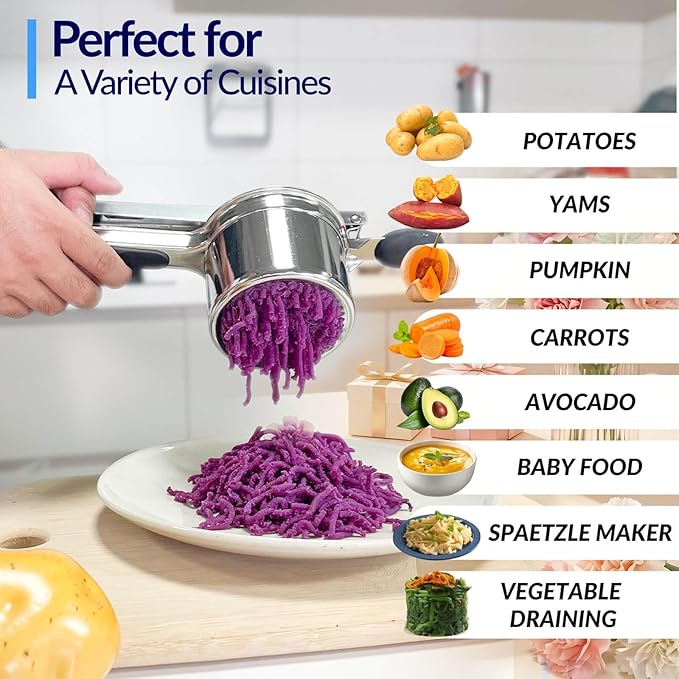 Potato Ricer, Ricer for Mashed Potatoes, 3 Interchangeable Discs Potato Masher Stainless Steel for Fluffy Mashed Potatoes, Heavy Duty Spaetzle Maker with Silicone Handle, for Gnocchi Spaghetti