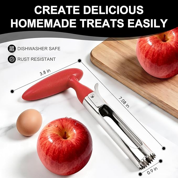 Premium Apple Corer Tool - Ergonomic Non-Slip Handle and Sharp Serrated Blades, Food-Grade Stainless Steel Fruit Core Remover, Kitchen tools for Apples, Pears, Bell Peppers and More, Red