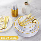 Goodluck 300 Pieces Gold Disposable Plates for 50 Guests, Plastic Plates for Party, Wedding, Dinnerware Set of 50 Dinner Plates, 50 Salad Plates, 50 Spoons, 50 Forks, 50 Knives, 50 Cups