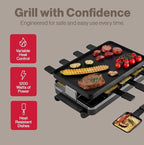 Swissmar Classic 8-Person Raclette Party Grill with Reversible Cast Aluminum Non-Stick Grill Plate/Crepe Top, Indoor Electric Raclette Grill & Griller - Black Grill Plate - Black