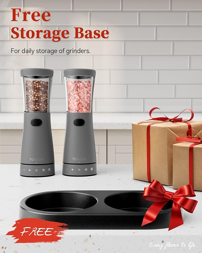 Electric Salt and Pepper Grinder Set with Storage Base, Stainless Steel Rechargeable Salt and Pepper Grinder Set with 4.5 oz Large Capacity, 1.8" Wide Mouth, Adjustable Coarseness, Ideal for Kitchen