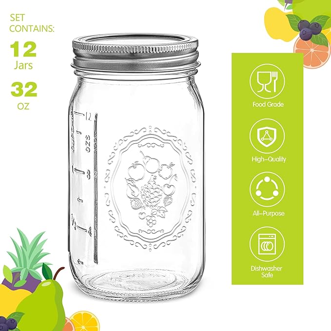 Esrentle Mason Jars 32 oz Wide Mouth - 12 Pack Quart Glass Mason Jars with Airtight Lids and Bands for Canning, Pickling, Food Storage, Fermenting, Leak Proof, Reusable