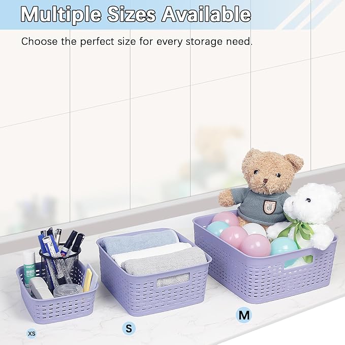 Soddeph Plastic Storage Baskets for Cabinets, Household Pantry Organization with Handle,Organizer Bins for Room,Bathrooms,Under-Sink,Kitchen (Purple, M-3PACK)