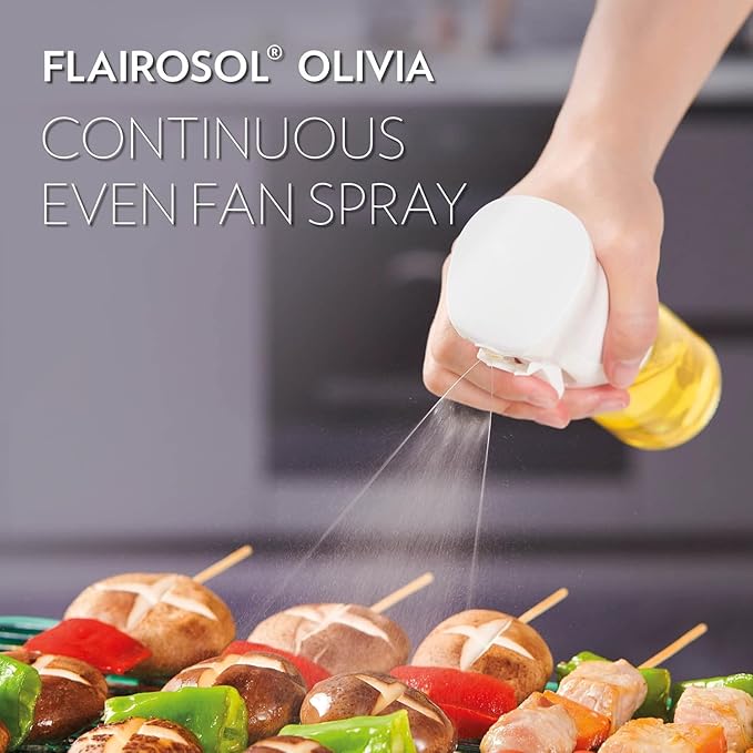 FLAIROSOL OLIVIA SIGNATURE Advanced Kitchen Oil Sprayer Technology, Fine Mist & Portion Control, Refillable Glass Olive Oil Cooking Spray Bottle for Air Fryer, Salad, BBQ, 130ml (White Print)