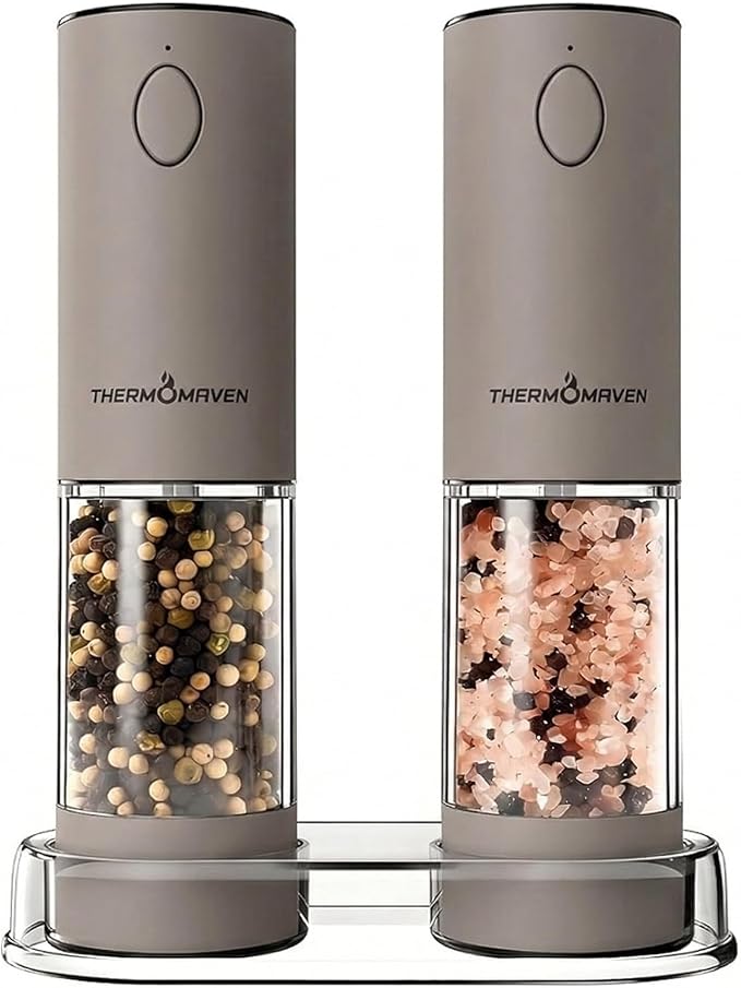 ThermoMaven Electric Salt and Pepper Grinder Set, 110ml Larger Rechargeable Automatic Salt and Pepper Mill Grinder with 6 Adjustable Coarseness, Electric Salt and Pepper Shakers, LED, Greige