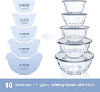 WhiteRhino Glass Mixing Bowls with Lids Set of 5（4.70QT,2.85QT, 1.69QT,1.11QT,0.85QT,Glass Bowls with Lids,Large Salad Bowls Space-Saving Nesting for Cooking,Baking,Prepping,Dishwasher Safe